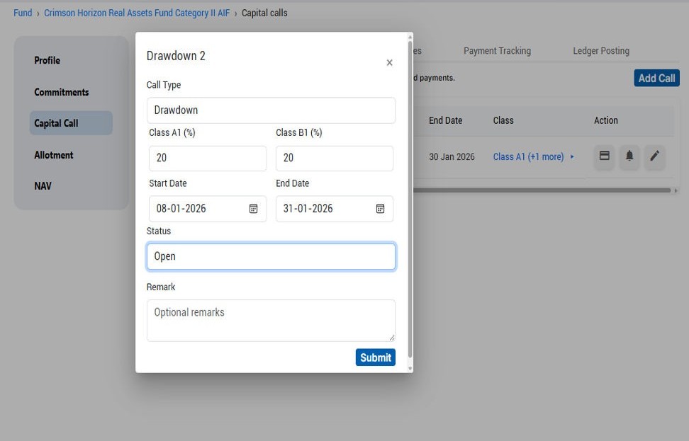 AIF capital call management dashboard showing investor call tracking and status