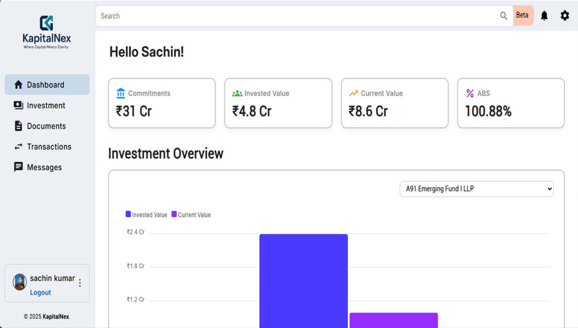 AIF LP portal India — branded investor portal interface for commitments, capital calls and documents